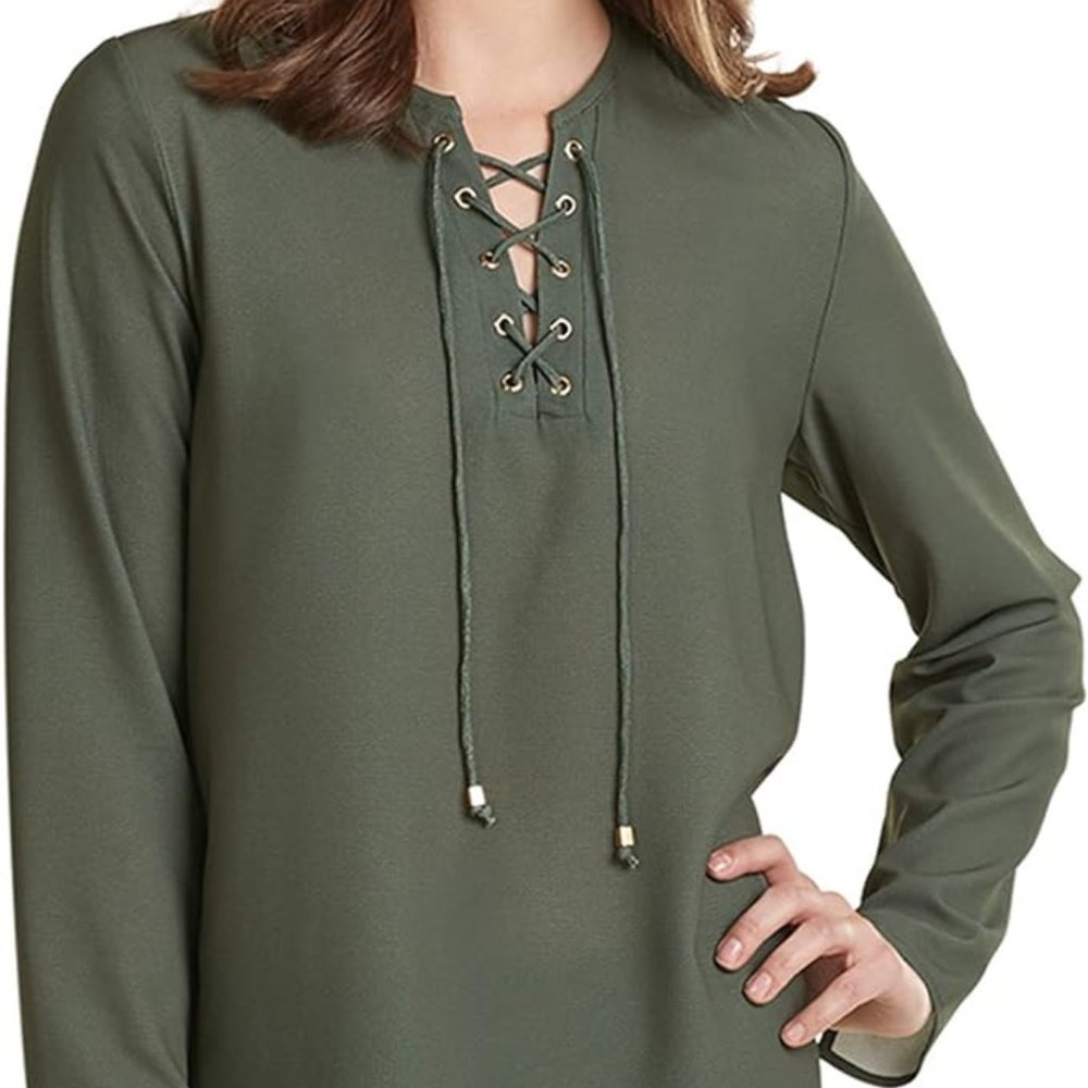 Mud Pie Rosalie Lace-Up Top Women's Blouse Green 8513149 Long Sleeve Small NWT